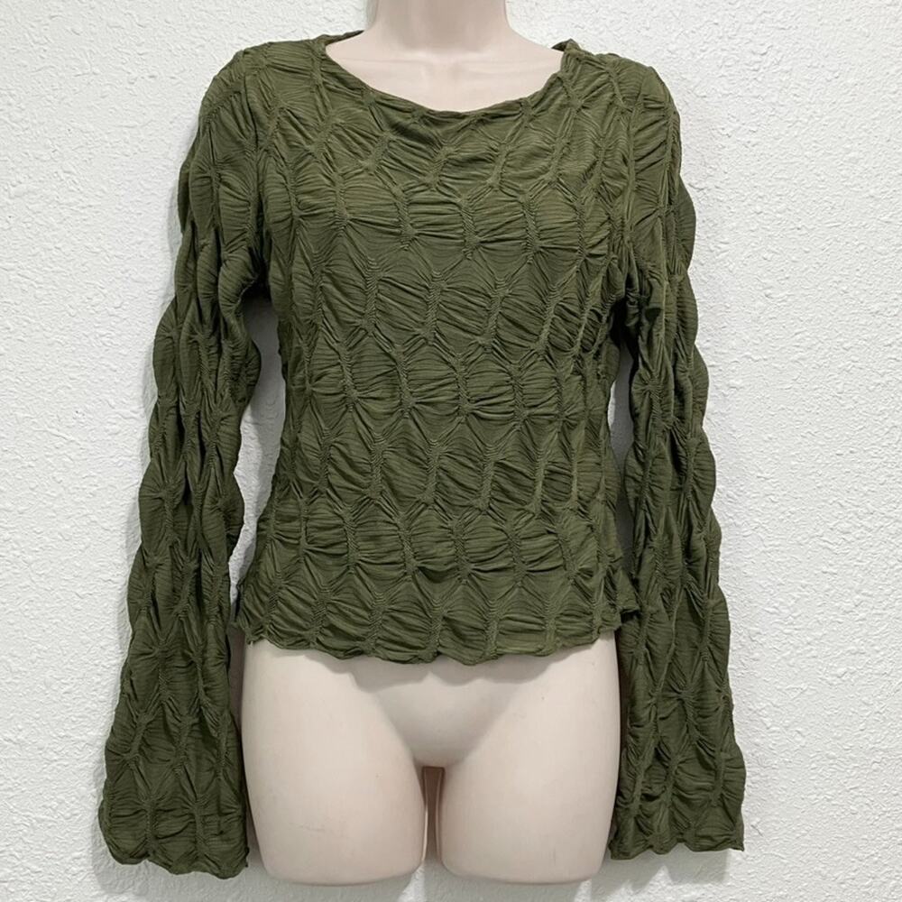 See You Monday Textured Ruched Top Lined Green Long Sleeve Fairy Grunge L
